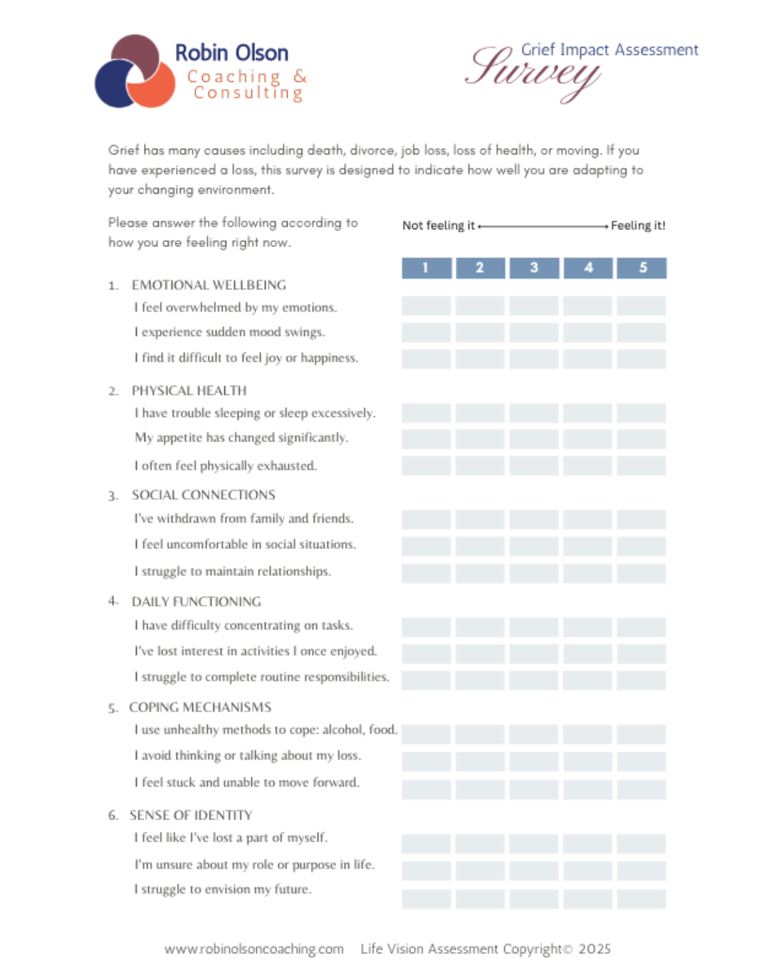 Grief Assessment Survey by Robin Olson Visio nbased live coach and grief counselor